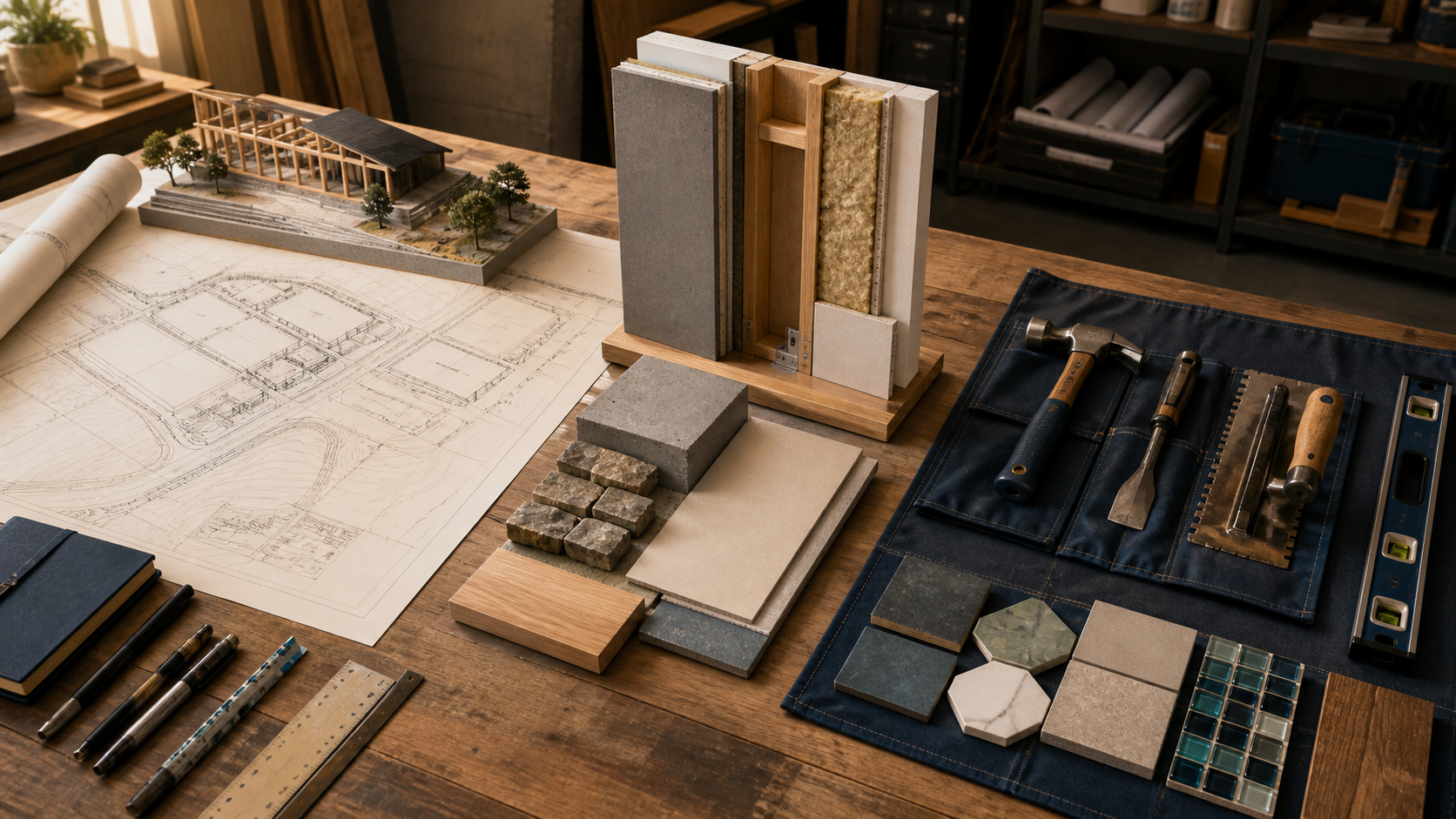 Oblique contractor planning table divided into infrastructure plans, building assembly samples and one specialty tool set