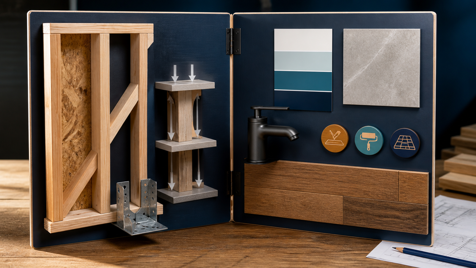 Residential remodeling material board with a hinged divider separating structural-building responsibility from limited multi-trade remodel work