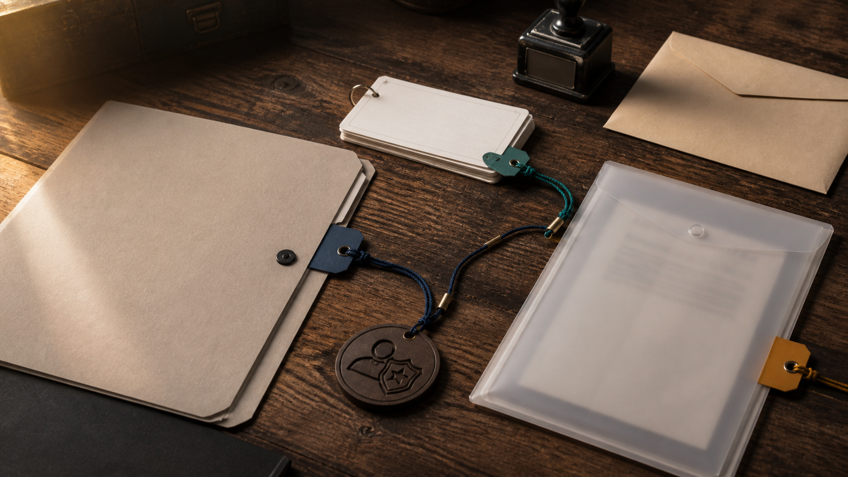 Contractor bond and insurance planning desk with entity, qualifier and employee-status materials connected by obligation trigger tabs