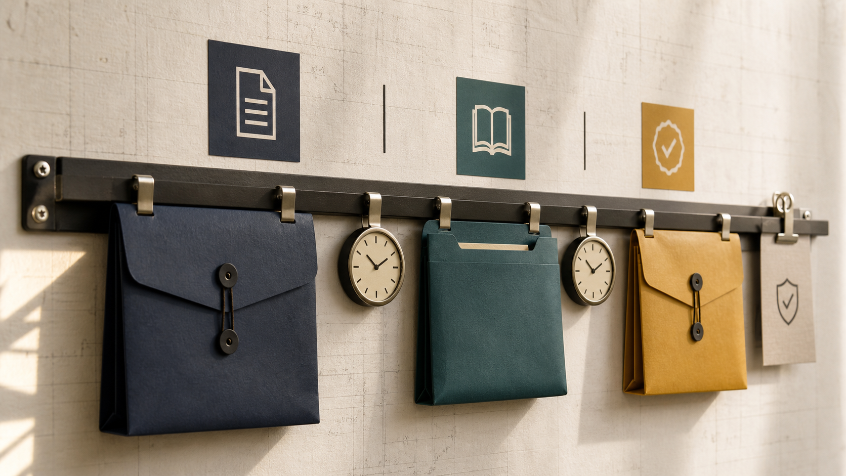 Wall-mounted contractor-license budget rail with separate fee envelopes, clock markers, and issuance checkpoints
