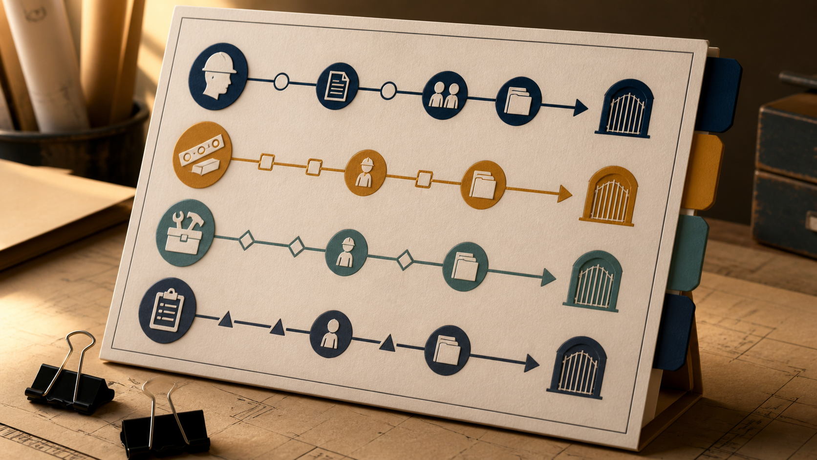 California contractor licensing route board with document tabs branching toward experience, qualifier, application and examination planning paths