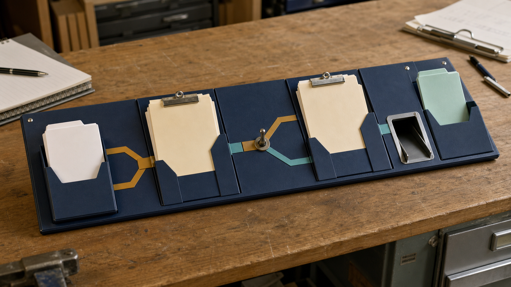 Physical routing board showing an existing contractor license scope moving through evidence, examination, and issuance gates before an added classification becomes active