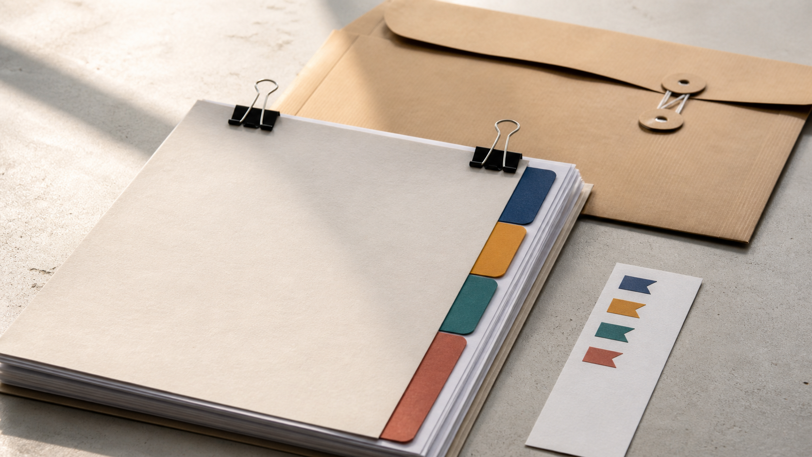 Organized contractor-license application packet with color-coded dividers, clips, an envelope, and verification flags, shown without readable personal information