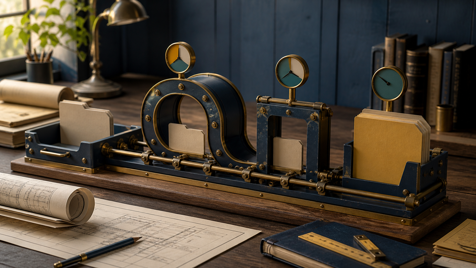 Physical application tracking rail showing intake, correction, examination and final-document states with movable clock tokens