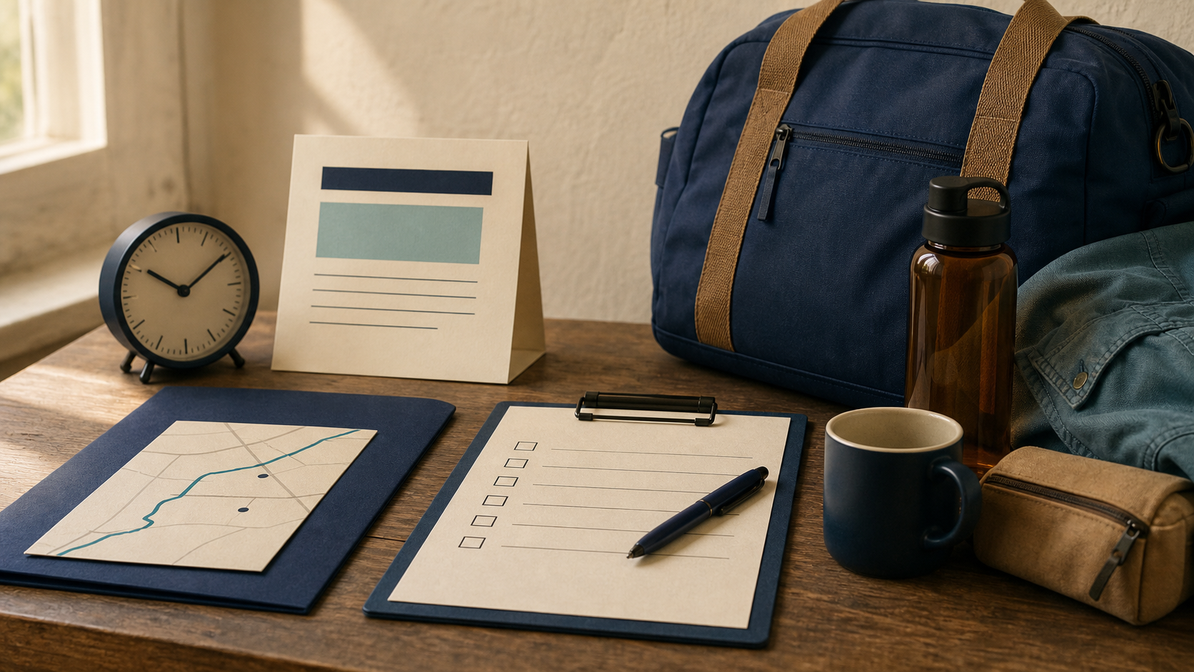 Appointment logistics arranged with a scheduling notice, clock, route card, identification checklist and test-day belongings