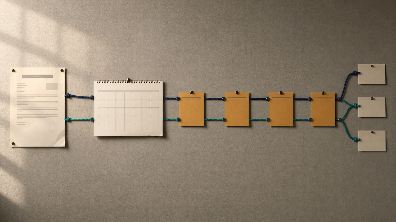 Wide planning wall showing an approval notice, calendar, parallel Law and Business and trade exam paths, and test-day milestones