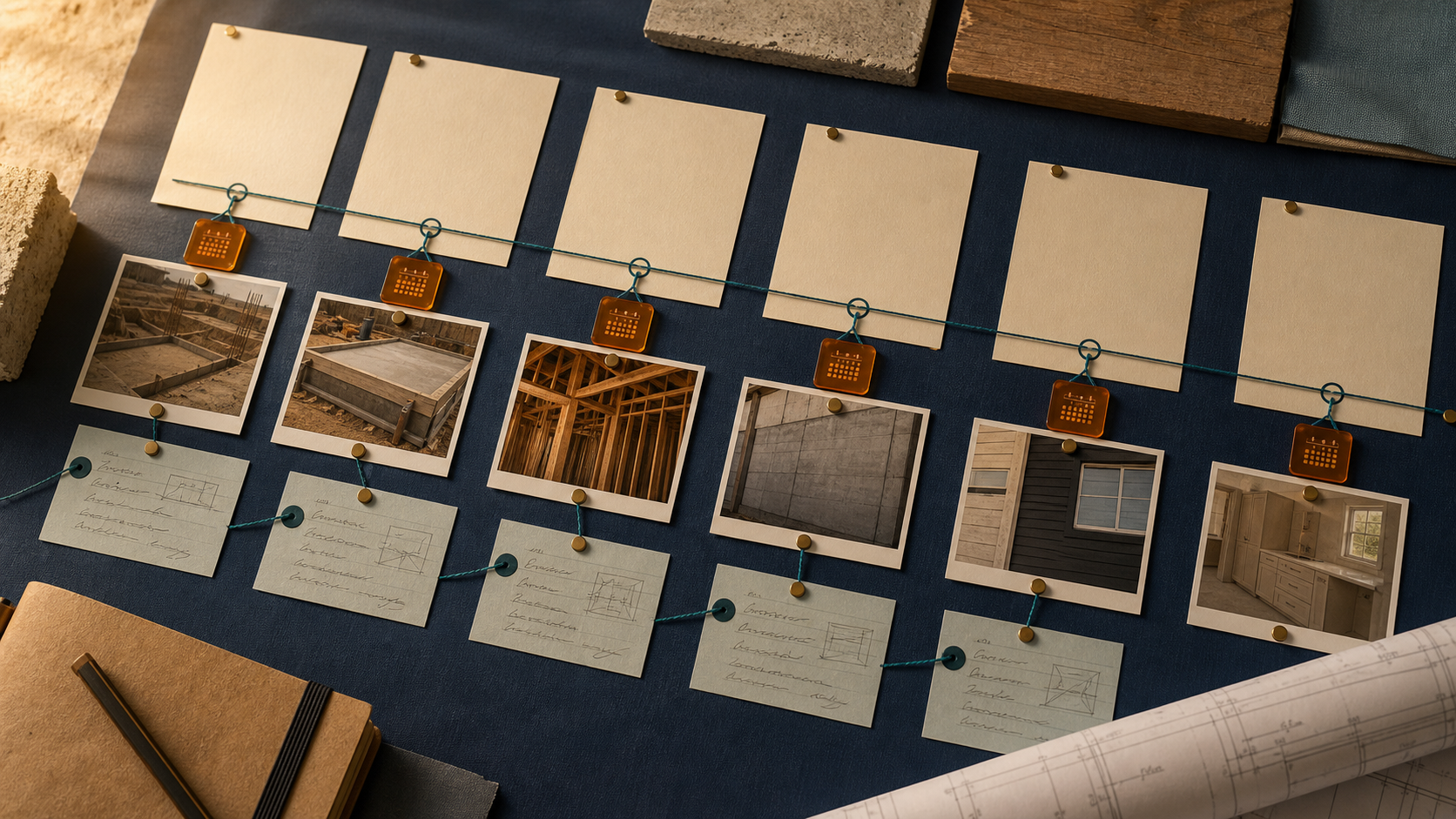 Field experience evidence board showing a project chronology, neutral jobsite photographs, calendar markers and certifier-note cards without people or readable identities