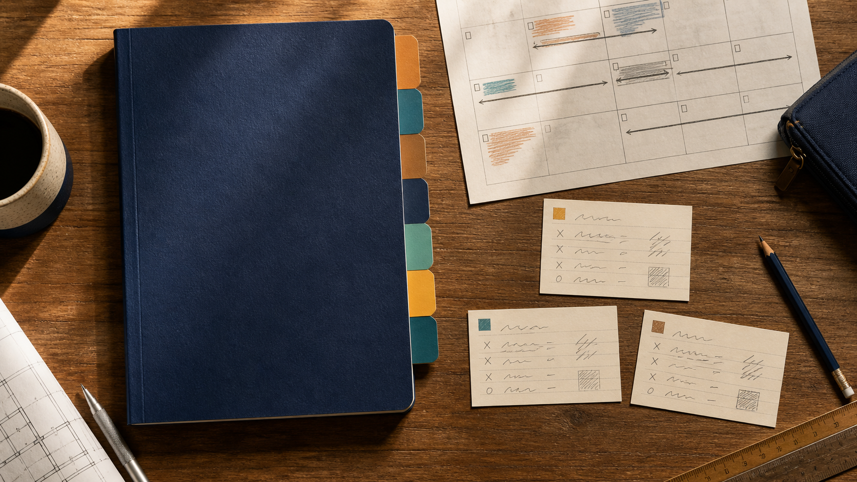 Overhead study desk organized into seven Law and Business exam domains with a calendar and error-review cards
