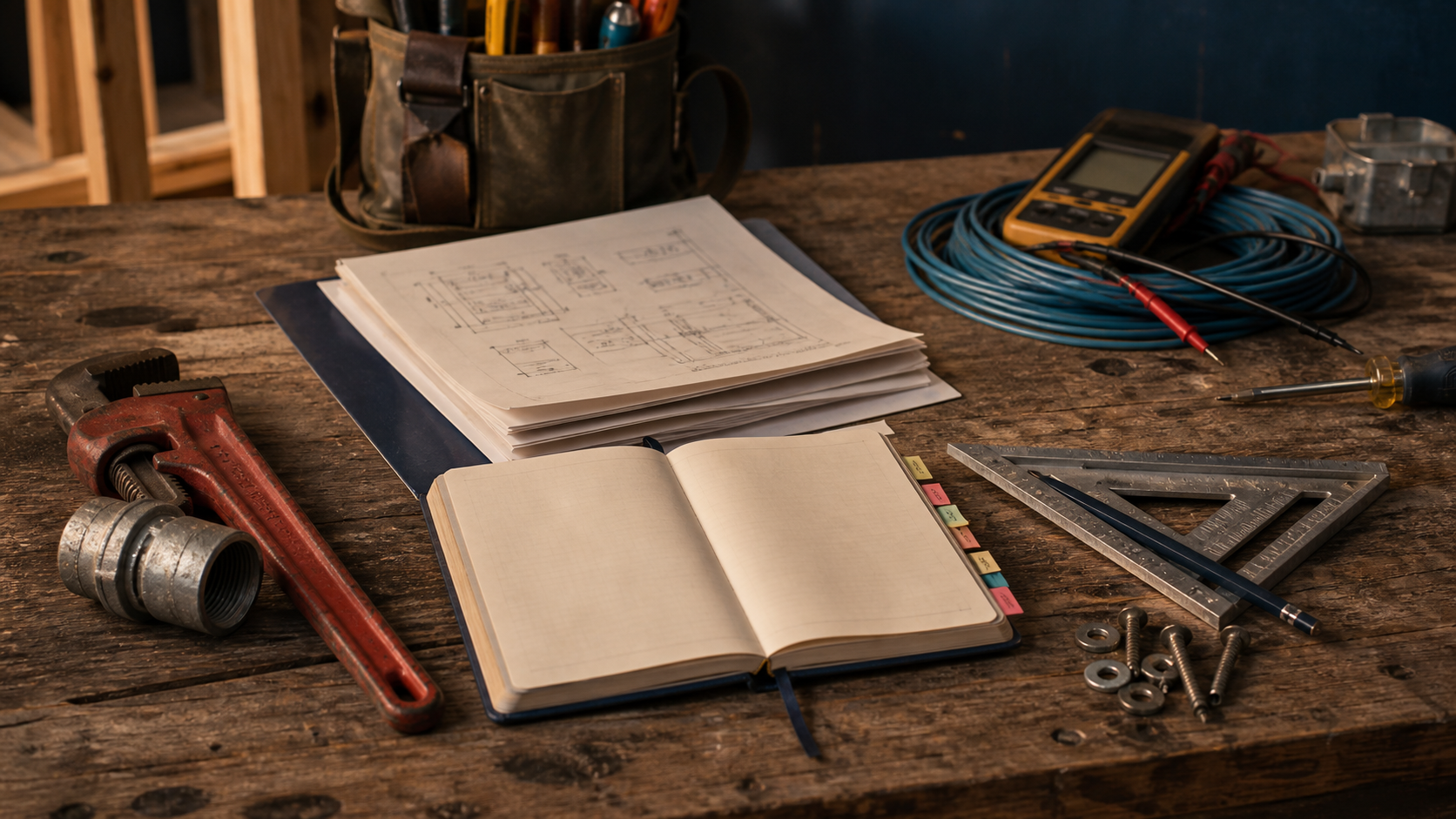Trade-classification field manual with distinct tool families, specification sheets and a study notebook organized for source-based exam planning